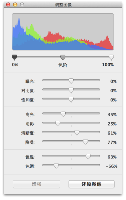 显示直方图的“调整图像”窗口