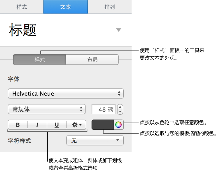 “样式”面板打开并显示颜色控制和文本格式化选项的“格式”检查器。